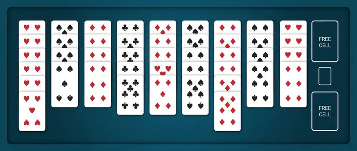 Two shuffled decks of cards laid out across a wide ten-column tableau in Double FreeCell